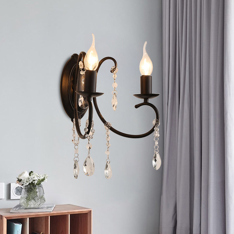 Black Candle-Style Wall Lamp Fixture Country Metal 2 Heads Corridor Crystal Wall Lighting Idea Black Clearhalo 'Wall Lamps & Sconces' 'Wall Lights' Lighting' 963596