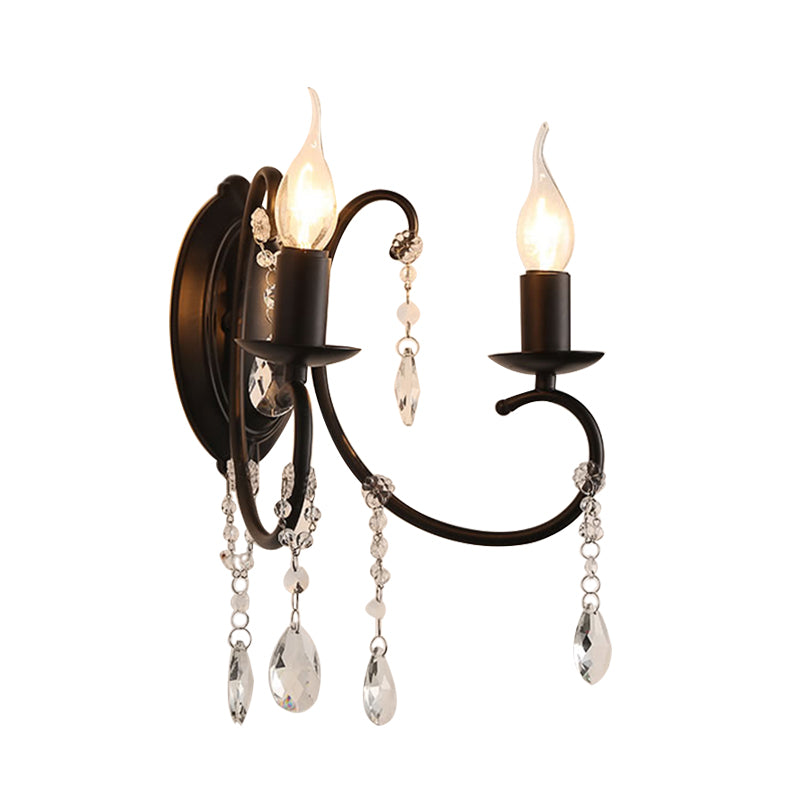 Black Candle-Style Wall Lamp Fixture Country Metal 2 Heads Corridor Crystal Wall Lighting Idea Clearhalo 'Wall Lamps & Sconces' 'Wall Lights' Lighting' 963597