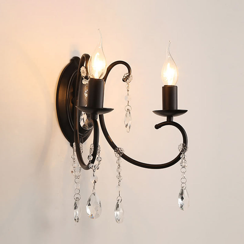 Black Candle-Style Wall Lamp Fixture Country Metal 2 Heads Corridor Crystal Wall Lighting Idea Clearhalo 'Wall Lamps & Sconces' 'Wall Lights' Lighting' 963598