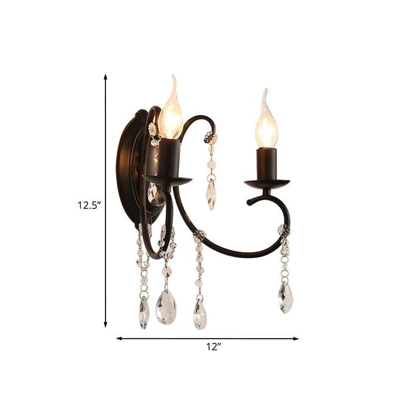 Black Candle-Style Wall Lamp Fixture Country Metal 2 Heads Corridor Crystal Wall Lighting Idea Clearhalo 'Wall Lamps & Sconces' 'Wall Lights' Lighting' 963599