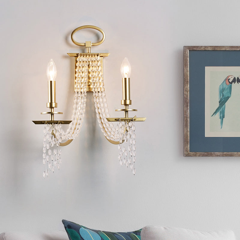 2-Light Crystal Strand Wall Mounted Light Modernism Gold Finish Candle Bedroom Wall Lamp Gold Clearhalo 'Modern wall lights' 'Modern' 'Wall Lamps & Sconces' 'Wall Lights' Lighting' 963604