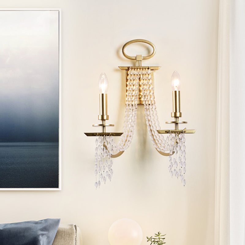 2-Light Crystal Strand Wall Mounted Light Modernism Gold Finish Candle Bedroom Wall Lamp Clearhalo 'Modern wall lights' 'Modern' 'Wall Lamps & Sconces' 'Wall Lights' Lighting' 963605