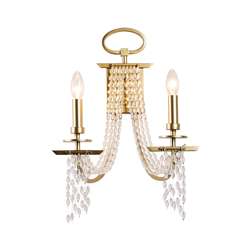 2-Light Crystal Strand Wall Mounted Light Modernism Gold Finish Candle Bedroom Wall Lamp Clearhalo 'Modern wall lights' 'Modern' 'Wall Lamps & Sconces' 'Wall Lights' Lighting' 963606