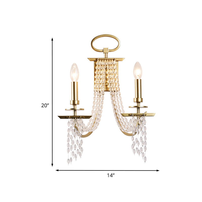 2-Light Crystal Strand Wall Mounted Light Modernism Gold Finish Candle Bedroom Wall Lamp Clearhalo 'Modern wall lights' 'Modern' 'Wall Lamps & Sconces' 'Wall Lights' Lighting' 963607