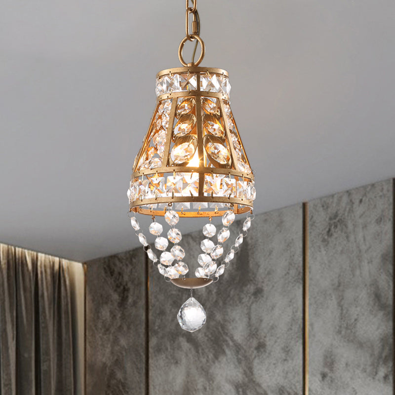 Gold Finish 1-Head Pendant Lighting Farmhouse Faceted Crystal Conic Suspension Lamp for Restaurant Clearhalo 'Ceiling Lights' 'Pendant Lights' 'Pendants' Lighting' 963612