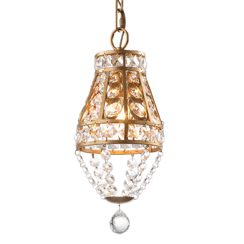 Gold Finish 1-Head Pendant Lighting Farmhouse Faceted Crystal Conic Suspension Lamp for Restaurant Clearhalo 'Ceiling Lights' 'Pendant Lights' 'Pendants' Lighting' 963614