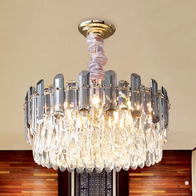 Layered Drum Crystal Chandelier Contemporary 5-Light Dining Room Ceiling Suspension Lamp in Gold Gold Clearhalo 'Ceiling Lights' 'Chandeliers' Lighting' options 963622_018432e1-0616-45fa-94e0-7d8f5cac7e94