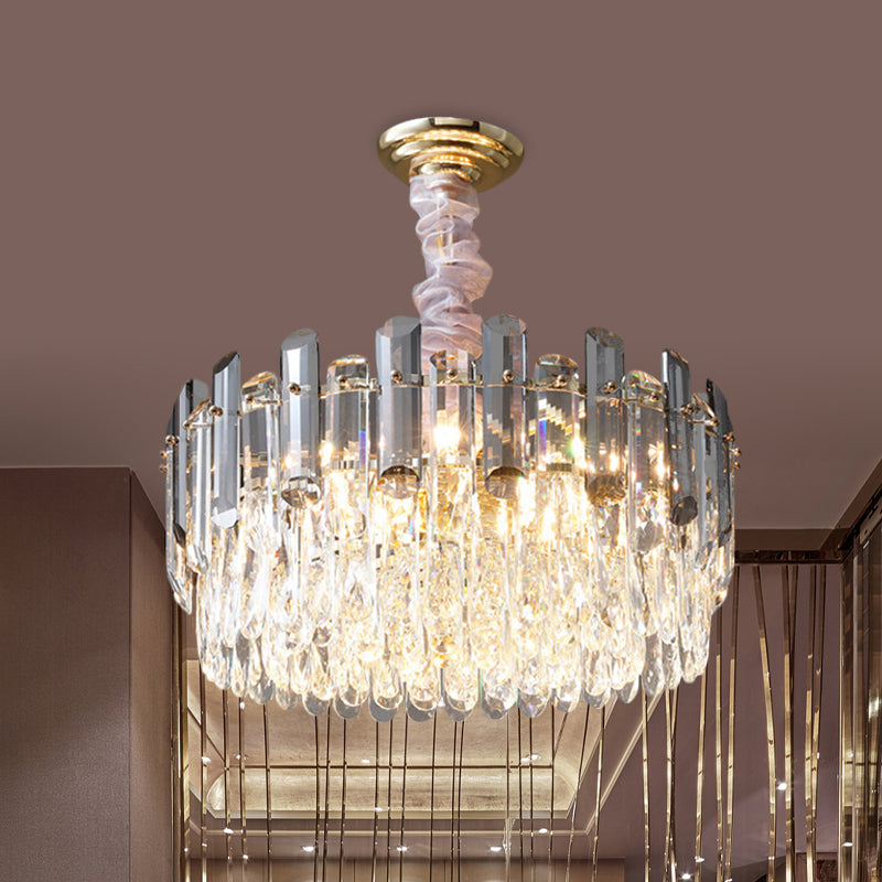 Layered Drum Crystal Chandelier Contemporary 5-Light Dining Room Ceiling Suspension Lamp in Gold Clearhalo 'Ceiling Lights' 'Chandeliers' Lighting' options 963623