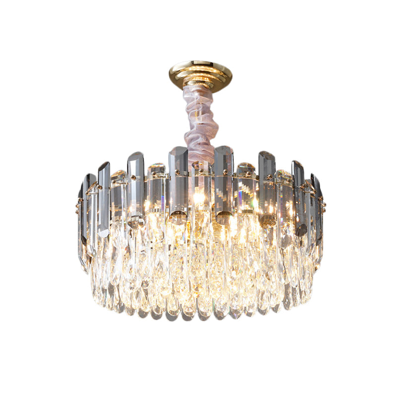 Layered Drum Crystal Chandelier Contemporary 5-Light Dining Room Ceiling Suspension Lamp in Gold Clearhalo 'Ceiling Lights' 'Chandeliers' Lighting' options 963624