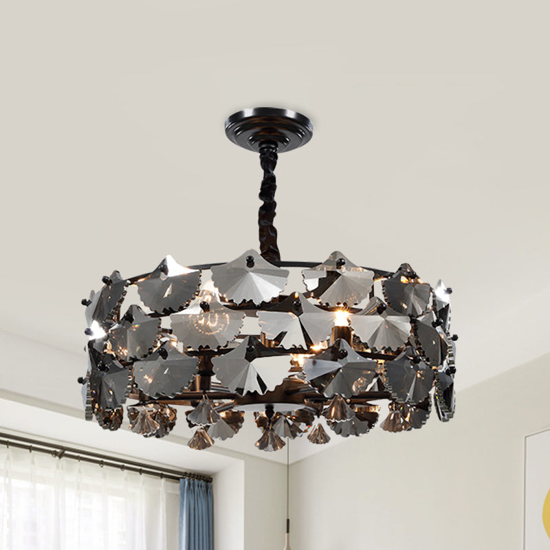 6 Lights Pendant Chandelier Modernist Drum-Shape Crystal Ginkgo Hanging Lamp in Black Clearhalo 'Ceiling Lights' 'Chandeliers' Lighting' options 963672