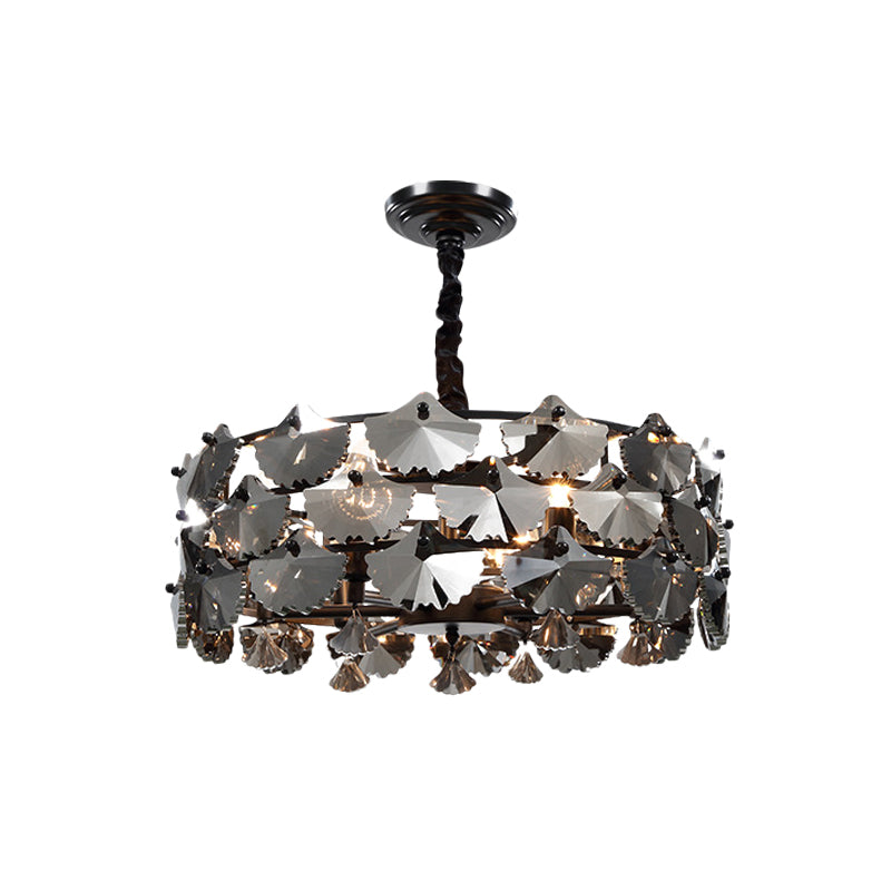 6 Lights Pendant Chandelier Modernist Drum-Shape Crystal Ginkgo Hanging Lamp in Black Clearhalo 'Ceiling Lights' 'Chandeliers' Lighting' options 963673