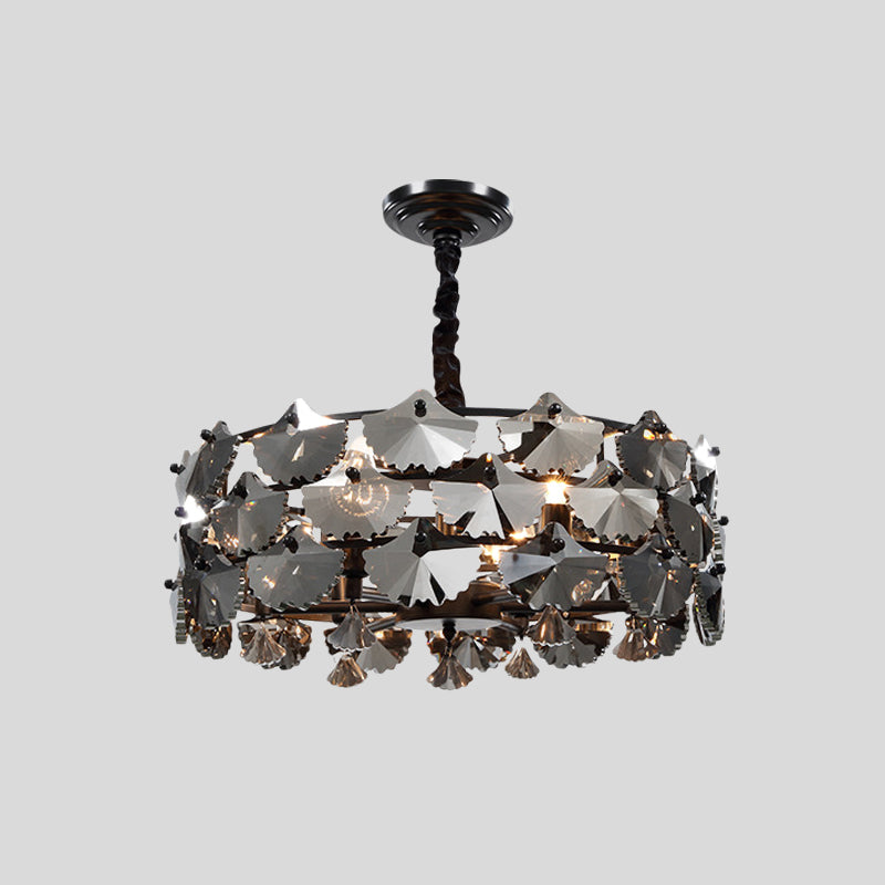 6 Lights Pendant Chandelier Modernist Drum-Shape Crystal Ginkgo Hanging Lamp in Black Clearhalo 'Ceiling Lights' 'Chandeliers' Lighting' options 963674