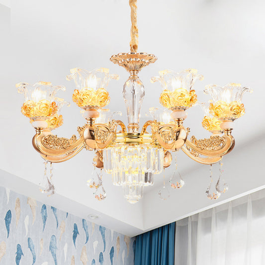 Crystal Flowers Up Chandelier Traditional 8 Bulbs Living Room Pendant Light Fixture in Gold Clearhalo 'Ceiling Lights' 'Chandeliers' Lighting' options 963687