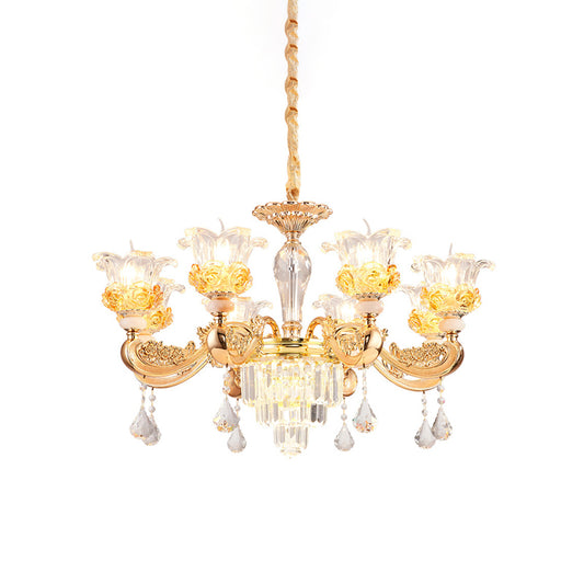 Crystal Flowers Up Chandelier Traditional 8 Bulbs Living Room Pendant Light Fixture in Gold Clearhalo 'Ceiling Lights' 'Chandeliers' Lighting' options 963688