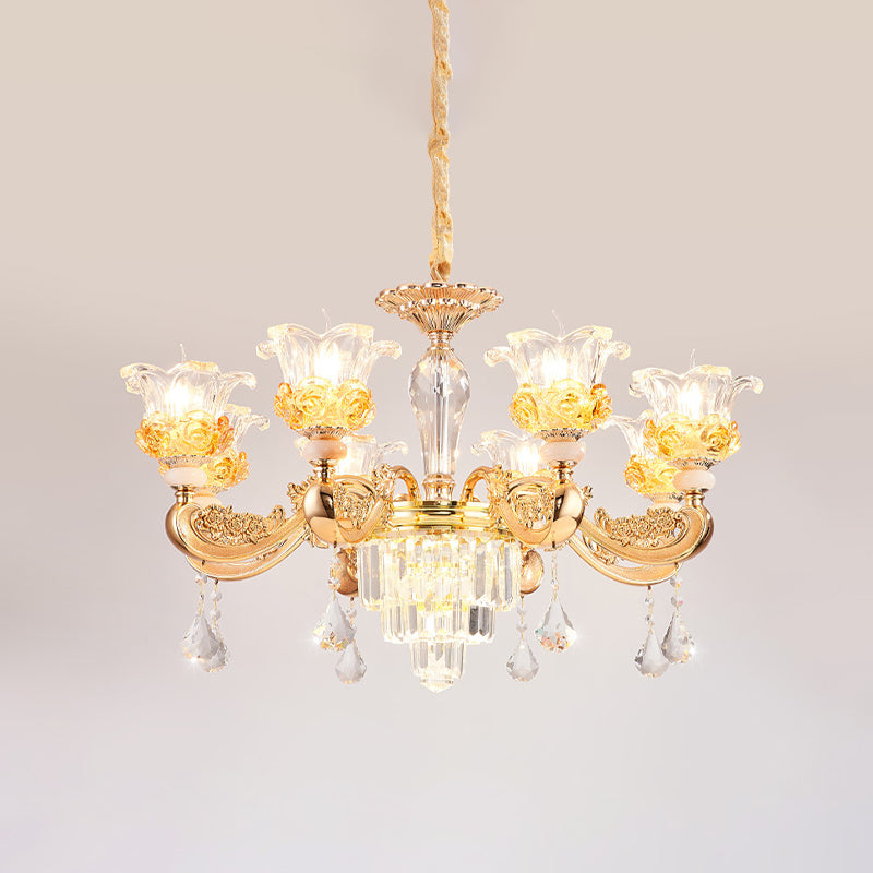 Crystal Flowers Up Chandelier Traditional 8 Bulbs Living Room Pendant Light Fixture in Gold Clearhalo 'Ceiling Lights' 'Chandeliers' Lighting' options 963689