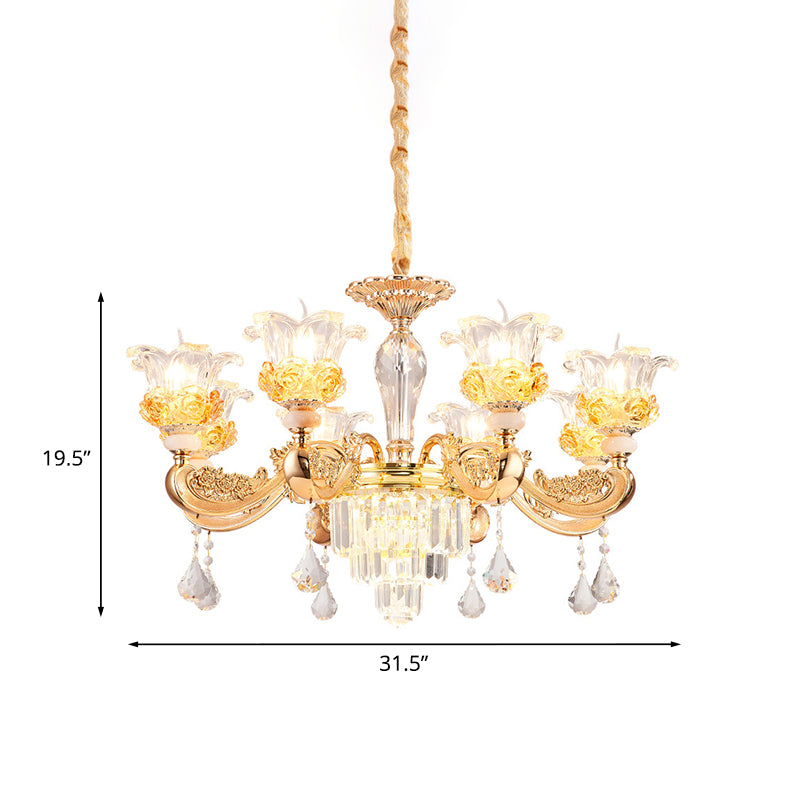 Crystal Flowers Up Chandelier Traditional 8 Bulbs Living Room Pendant Light Fixture in Gold Clearhalo 'Ceiling Lights' 'Chandeliers' Lighting' options 963690