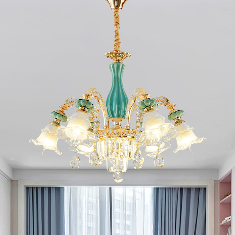 6-Head Drooping Flower Chandelier Retro Gold-Teal Frosted Glass Suspension Lamp with Crystal Accent Clearhalo 'Ceiling Lights' 'Chandeliers' Lighting' options 963697