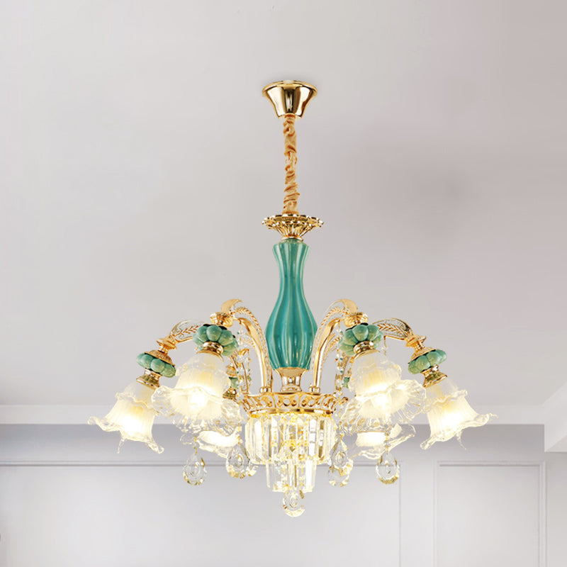 6-Head Drooping Flower Chandelier Retro Gold-Teal Frosted Glass Suspension Lamp with Crystal Accent Clearhalo 'Ceiling Lights' 'Chandeliers' Lighting' options 963698