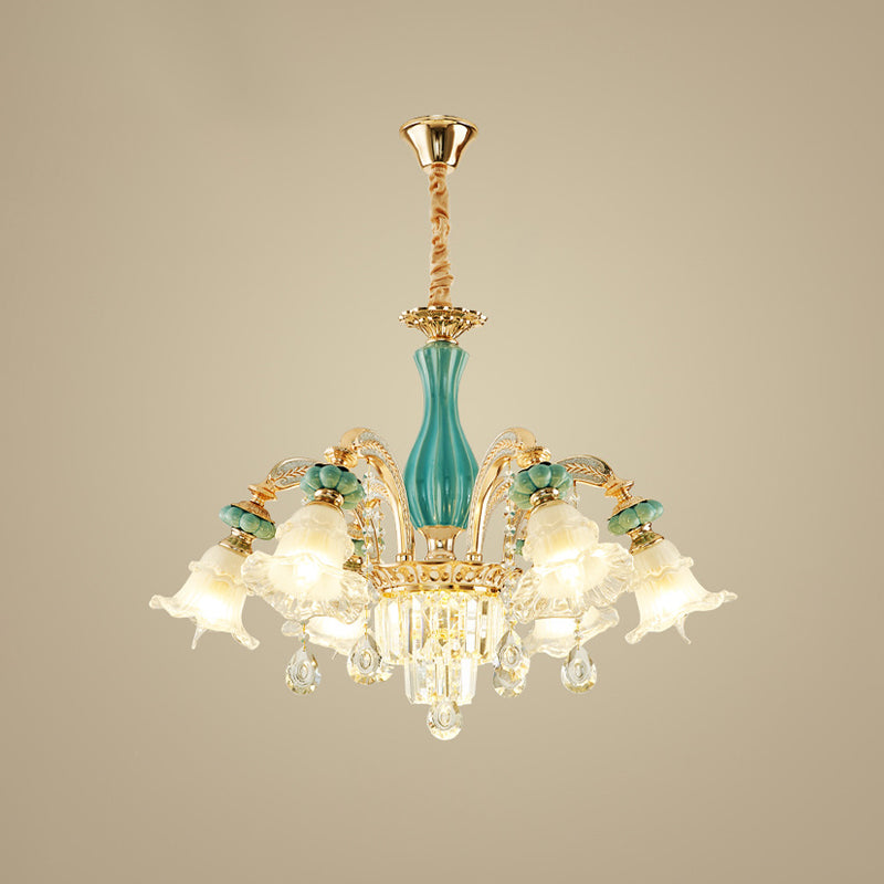 6-Head Drooping Flower Chandelier Retro Gold-Teal Frosted Glass Suspension Lamp with Crystal Accent Clearhalo 'Ceiling Lights' 'Chandeliers' Lighting' options 963699