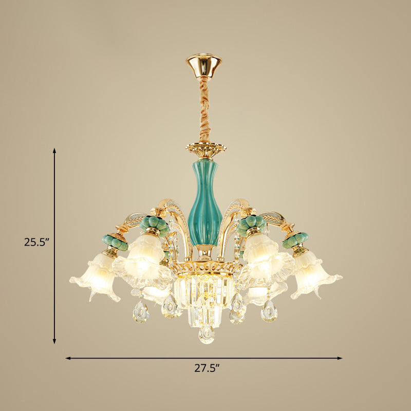 6-Head Drooping Flower Chandelier Retro Gold-Teal Frosted Glass Suspension Lamp with Crystal Accent Clearhalo 'Ceiling Lights' 'Chandeliers' Lighting' options 963700