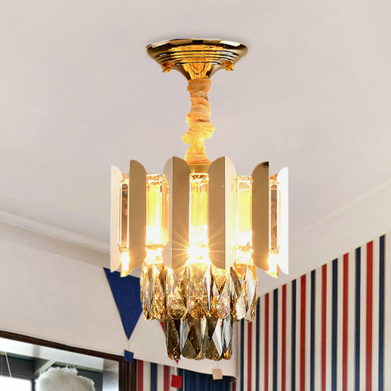 3 Lights Clear/Smoke Crystal Semi Flush Antique Gold/Black/Rose Gold 3 Tiers Hallway Ceiling Flushmount Lamp Gold Clearhalo 'Ceiling Lights' 'Close To Ceiling Lights' 'Close to ceiling' 'Semi-flushmount' Lighting' 963744