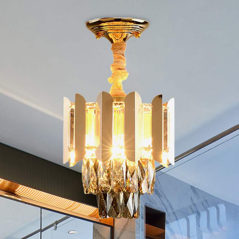 3 Lights Clear/Smoke Crystal Semi Flush Antique Gold/Black/Rose Gold 3 Tiers Hallway Ceiling Flushmount Lamp Clearhalo 'Ceiling Lights' 'Close To Ceiling Lights' 'Close to ceiling' 'Semi-flushmount' Lighting' 963745