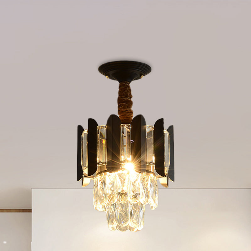 3 Lights Clear/Smoke Crystal Semi Flush Antique Gold/Black/Rose Gold 3 Tiers Hallway Ceiling Flushmount Lamp Black Clearhalo 'Ceiling Lights' 'Close To Ceiling Lights' 'Close to ceiling' 'Semi-flushmount' Lighting' 963748