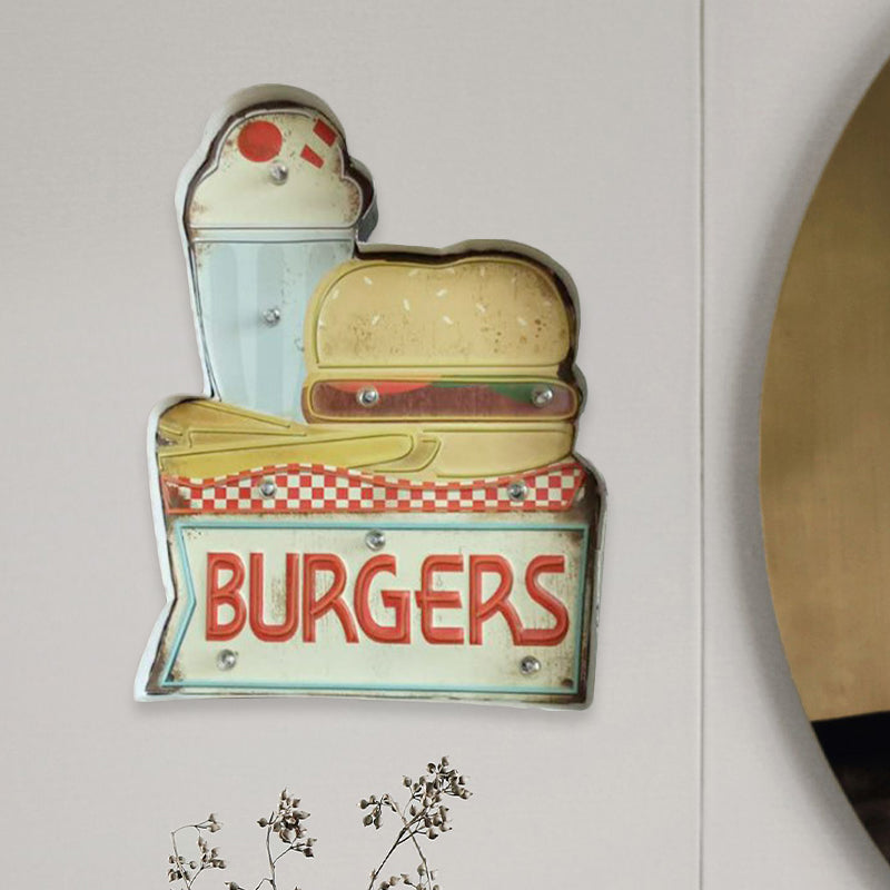 Retro Burger/Drinks Sign Iron Night Lamp LED Wall Mount Lighting in Blue and Yellow/White for Cinema Bar Blue-Yellow Clearhalo 'Night Lights' 'Wall Lights' Lighting' 964186