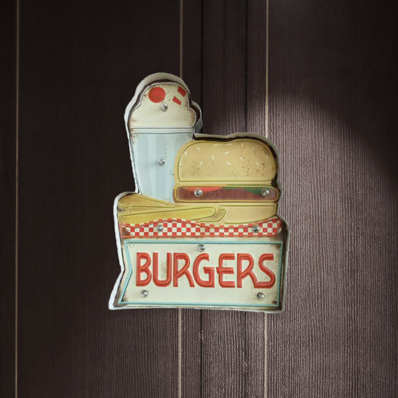 Retro Burger/Drinks Sign Iron Night Lamp LED Wall Mount Lighting in Blue and Yellow/White for Cinema Bar Clearhalo 'Night Lights' 'Wall Lights' Lighting' 964187