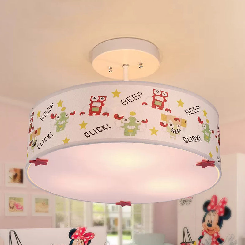 3-Light Drum Semi Flush Mount Light with Robot Cartoon Fabric Ceiling Light for Baby Room Clearhalo 'Ceiling Lights' 'Close To Ceiling Lights' 'Close to ceiling' 'Semi-flushmount' Lighting' 96480