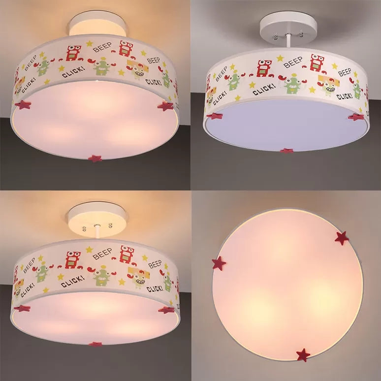 3-Light Drum Semi Flush Mount Light with Robot Cartoon Fabric Ceiling Light for Baby Room Clearhalo 'Ceiling Lights' 'Close To Ceiling Lights' 'Close to ceiling' 'Semi-flushmount' Lighting' 96482