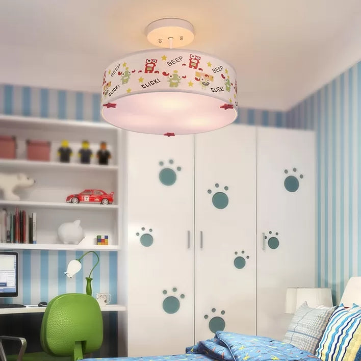 3-Light Drum Semi Flush Mount Light with Robot Cartoon Fabric Ceiling Light for Baby Room Clearhalo 'Ceiling Lights' 'Close To Ceiling Lights' 'Close to ceiling' 'Semi-flushmount' Lighting' 96483