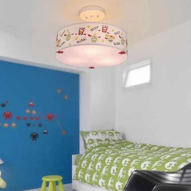 3-Light Drum Semi Flush Mount Light with Robot Cartoon Fabric Ceiling Light for Baby Room Clearhalo 'Ceiling Lights' 'Close To Ceiling Lights' 'Close to ceiling' 'Semi-flushmount' Lighting' 96484