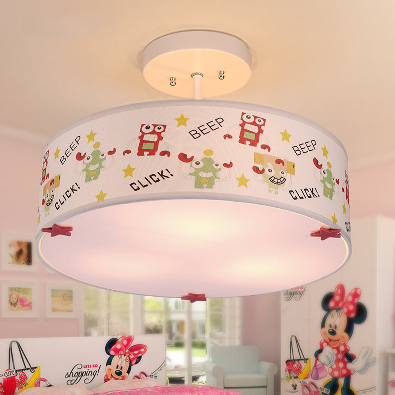 3-Light Drum Semi Flush Mount Light with Robot Cartoon Fabric Ceiling Light for Baby Room White Clearhalo 'Ceiling Lights' 'Close To Ceiling Lights' 'Close to ceiling' 'Semi-flushmount' Lighting' 96485