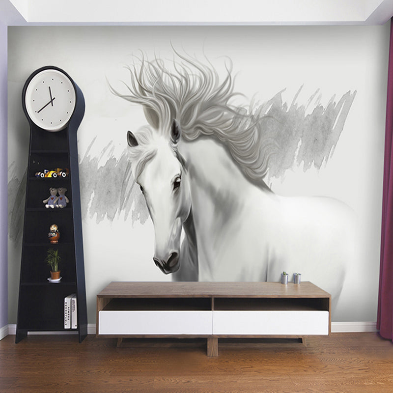 Minimalist Horse Wall Art in Grey and White Coffee Shop Mural Wallpaper, Personalized Size Available Gray-White Clearhalo 'Wall Decor' 'Wall Mural' 965022