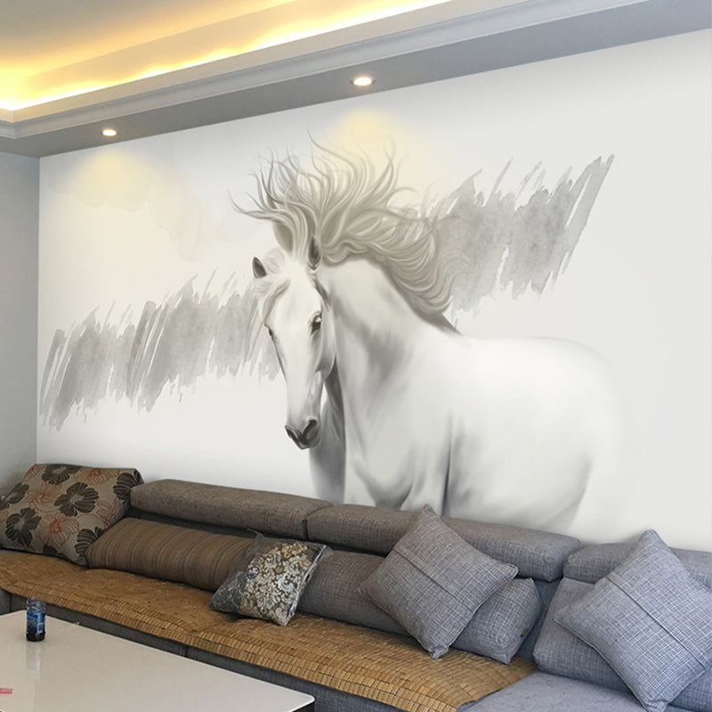 Minimalist Horse Wall Art in Grey and White Coffee Shop Mural Wallpaper, Personalized Size Available Clearhalo 'Wall Decor' 'Wall Mural' 965024