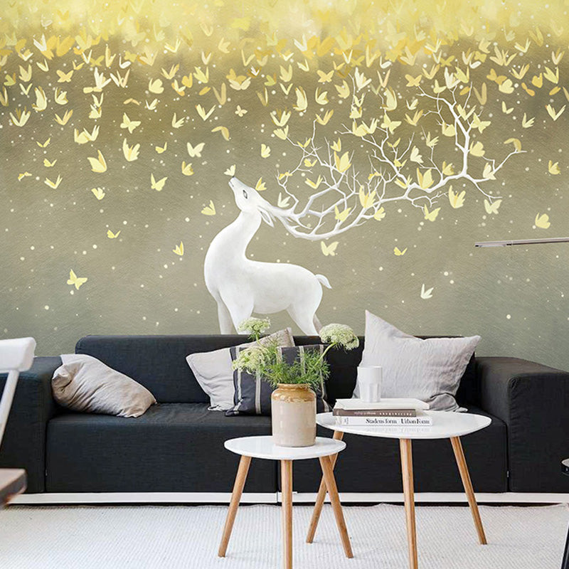 White and Gold Deer Wall Art Water-Resistant Mural Wallpaper for Living Room Clearhalo 'Wall Decor' 'Wall Mural' 965028