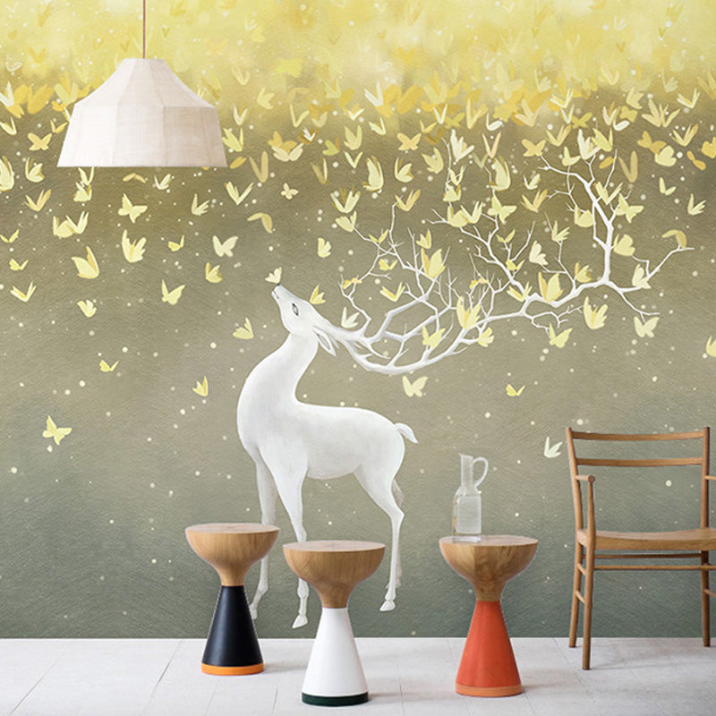 White and Gold Deer Wall Art Water-Resistant Mural Wallpaper for Living Room Clearhalo 'Wall Decor' 'Wall Mural' 965029