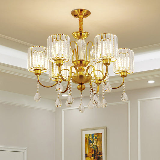 Gold Finish Cylinder Pendant Chandelier Modern Crystal Block 6 Heads Living Room Suspension Light Gold Clearhalo 'Ceiling Lights' 'Chandeliers' 'Modern Chandeliers' 'Modern' Lighting' 965062