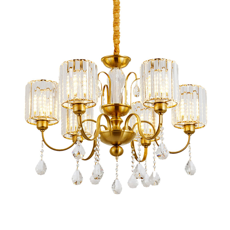 Gold Finish Cylinder Pendant Chandelier Modern Crystal Block 6 Heads Living Room Suspension Light Clearhalo 'Ceiling Lights' 'Chandeliers' 'Modern Chandeliers' 'Modern' Lighting' 965063