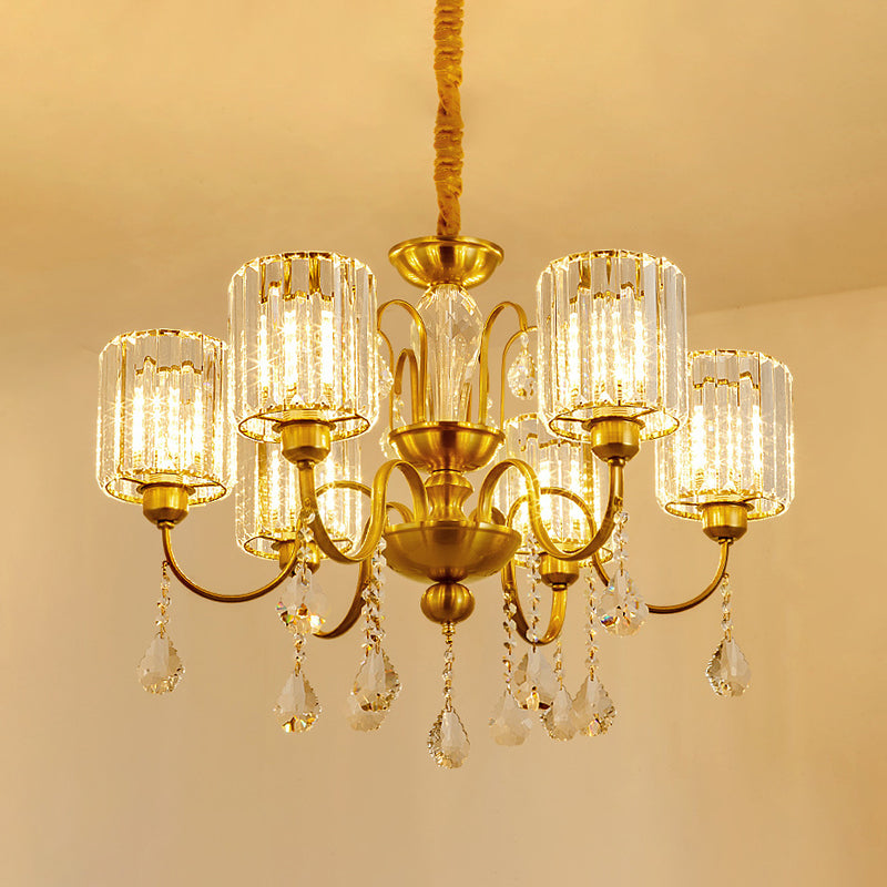 Gold Finish Cylinder Pendant Chandelier Modern Crystal Block 6 Heads Living Room Suspension Light Clearhalo 'Ceiling Lights' 'Chandeliers' 'Modern Chandeliers' 'Modern' Lighting' 965064