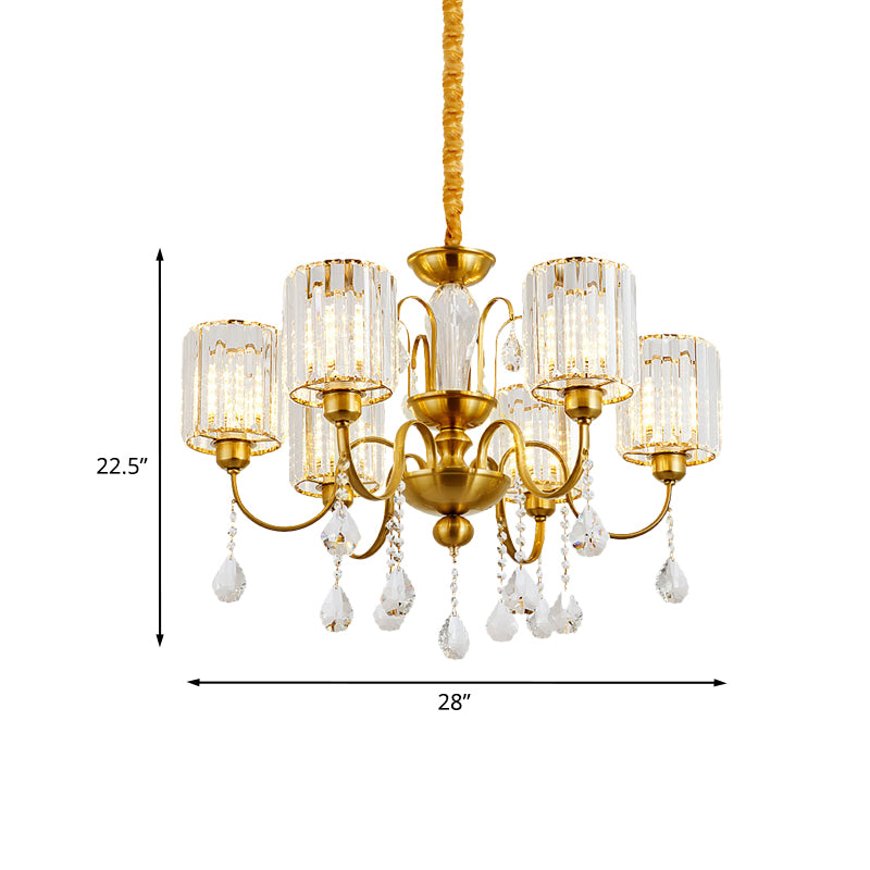 Gold Finish Cylinder Pendant Chandelier Modern Crystal Block 6 Heads Living Room Suspension Light Clearhalo 'Ceiling Lights' 'Chandeliers' 'Modern Chandeliers' 'Modern' Lighting' 965065