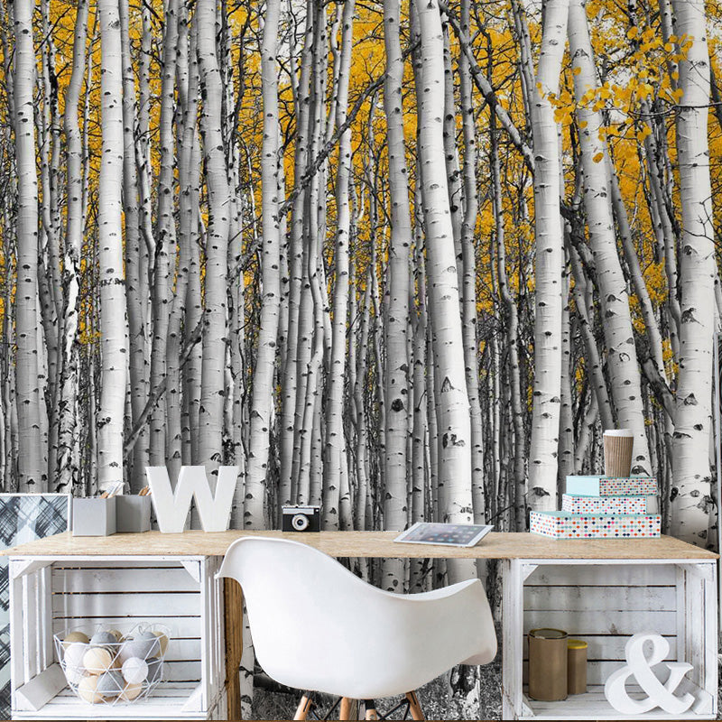 Big Photo Style Simple Mural for Home Decoration with Birch Tree Design in Grey and Yellow Gray-Yellow Clearhalo 'Wall Decor' 'Wall Mural' 965166