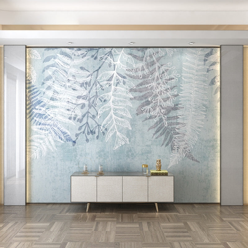 Whole Illustration Style Fern Mural for Home Decoration in Grey and Blue, Customized Size Available Clearhalo 'Wall Decor' 'Wall Mural' 965252