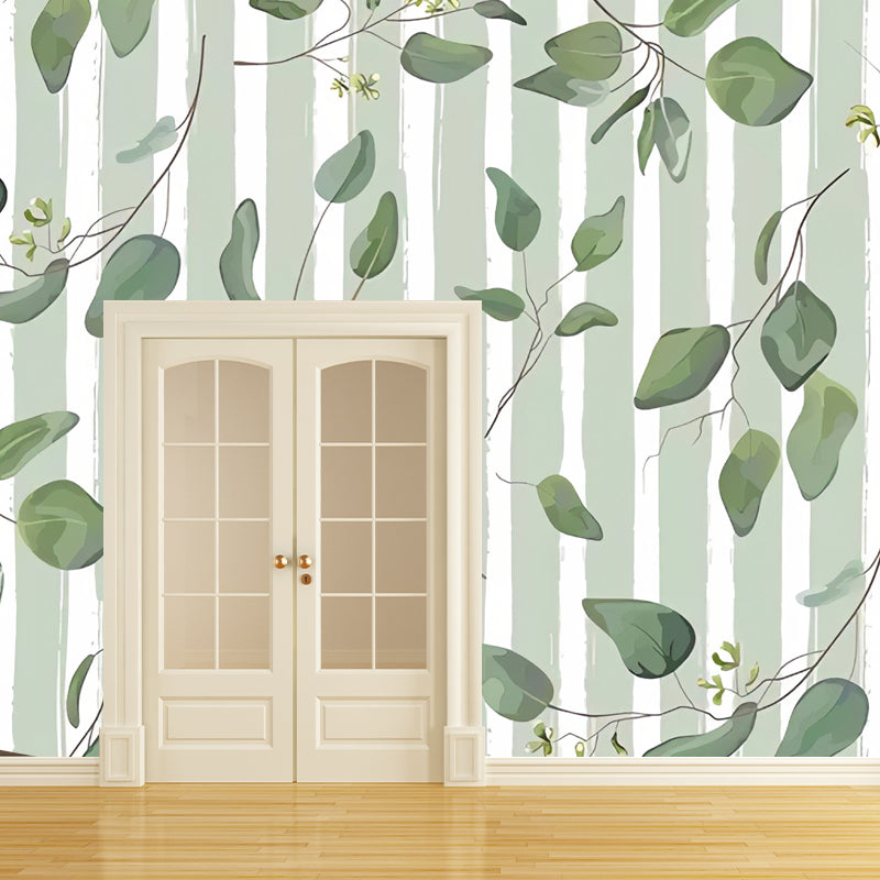 Whole Contemporary Mural Wallpaper Pastel Green Leaf and Stripe Wall Covering, Personalized Size Available Clearhalo 'Wall Decor' 'Wall Mural' 965268