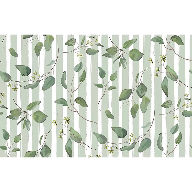 Whole Contemporary Mural Wallpaper Pastel Green Leaf and Stripe Wall Covering, Personalized Size Available Clearhalo 'Wall Decor' 'Wall Mural' 965269