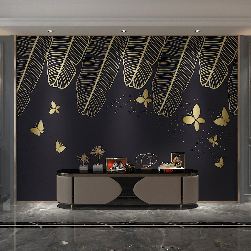 Big Illustration Style Leaf Mural for Living Room in Gold and Black, Personalized Size Available Black-Gold Clearhalo 'Wall Decor' 'Wall Mural' 965296