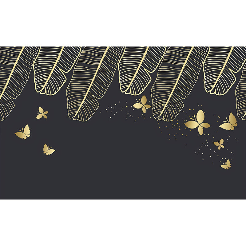 Big Illustration Style Leaf Mural for Living Room in Gold and Black, Personalized Size Available Clearhalo 'Wall Decor' 'Wall Mural' 965299