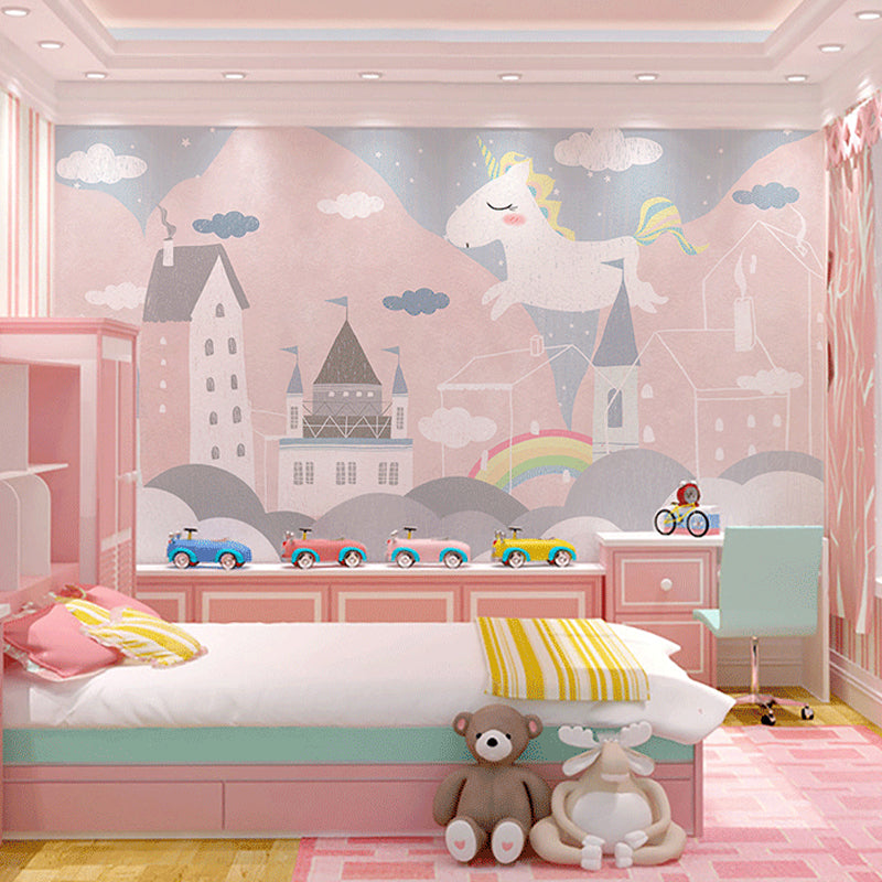 Whole Tiny Horse Wall Covering for Children Fantasy Sky Mural Wallpaper in Pastel Pink, Water-Resistant Pink Clearhalo 'Wall Decor' 'Wall Mural' 965521