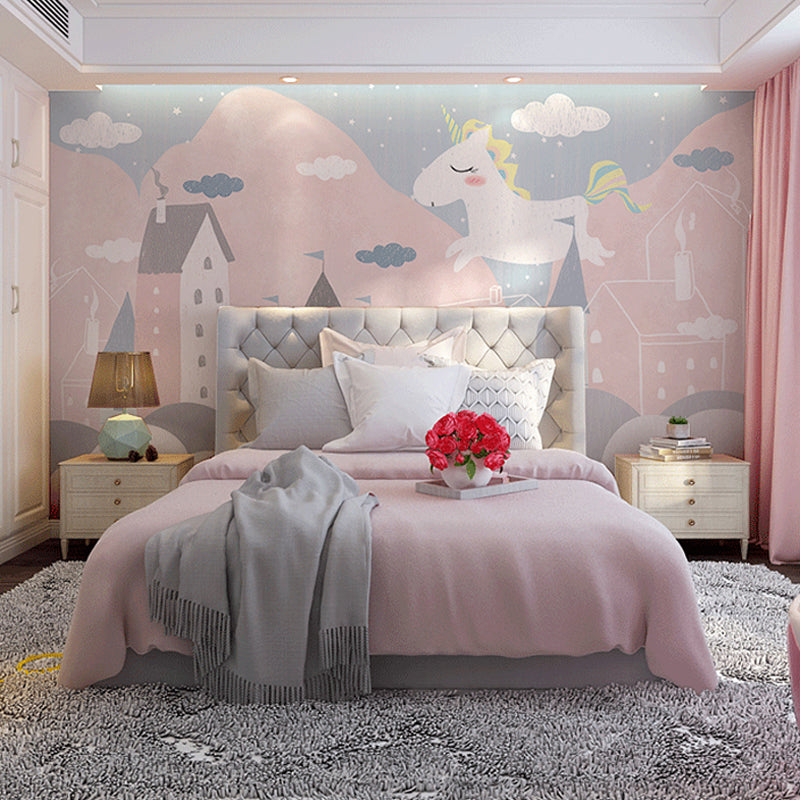 Whole Tiny Horse Wall Covering for Children Fantasy Sky Mural Wallpaper in Pastel Pink, Water-Resistant Clearhalo 'Wall Decor' 'Wall Mural' 965522